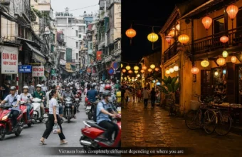 Side-by-side view of Hanoi Old Quarter traffic and Hoi An lantern-lit streets showing how different Vietnam looks by region