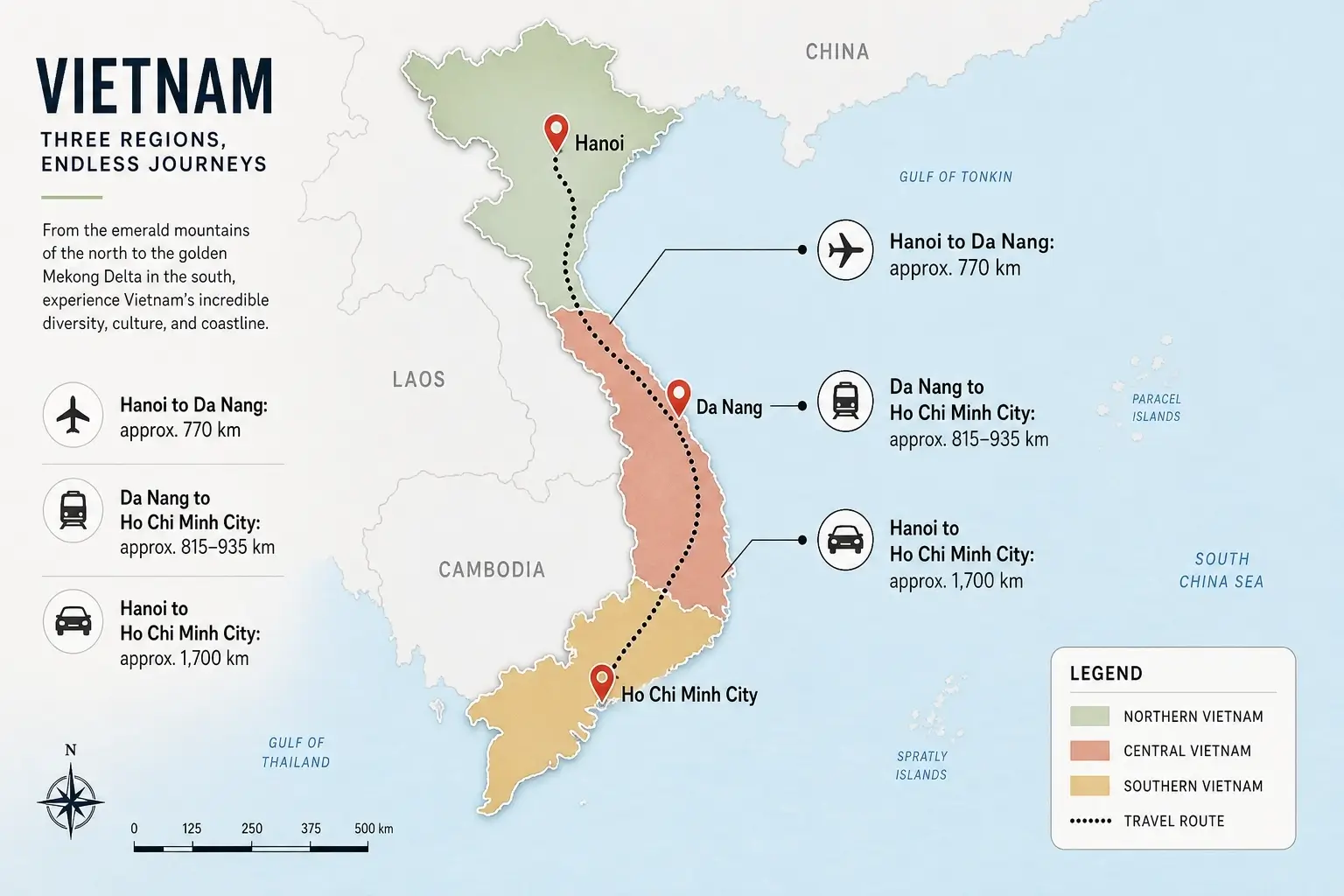 Vietnam travel map showing northern, central and southern regions with routes between Hanoi, Da Nang and Ho Chi Minh City