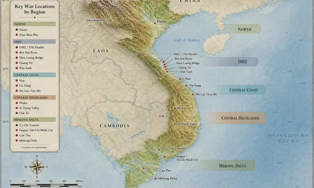 Relief map of Vietnam showing key Vietnam War locations by region, including Hanoi, DMZ, Hue, Da Nang, Khe Sanh, and Mekong Delta