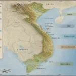 Relief map of Vietnam showing key Vietnam War locations by region, including Hanoi, DMZ, Hue, Da Nang, Khe Sanh, and Mekong Delta