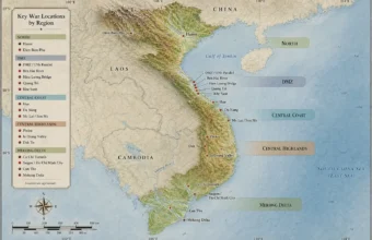 Relief map of Vietnam showing key Vietnam War locations by region, including Hanoi, DMZ, Hue, Da Nang, Khe Sanh, and Mekong Delta