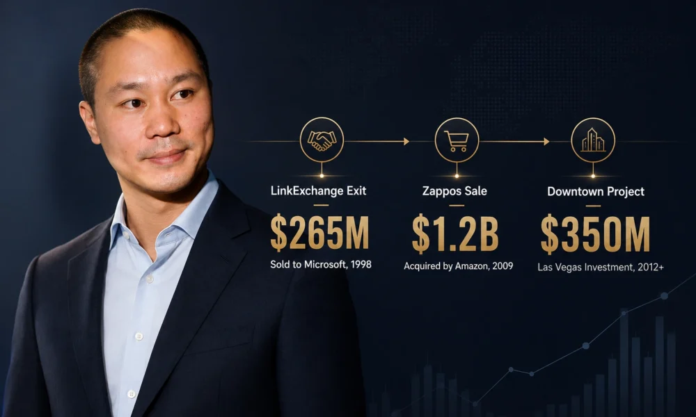 Zappos CEO business timeline showing LinkExchange exit, Zappos sale, and Downtown Project investment