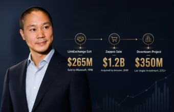 Zappos CEO business timeline showing LinkExchange exit, Zappos sale, and Downtown Project investment