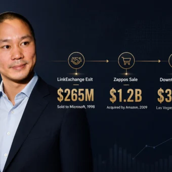 Zappos CEO business timeline showing LinkExchange exit, Zappos sale, and Downtown Project investment