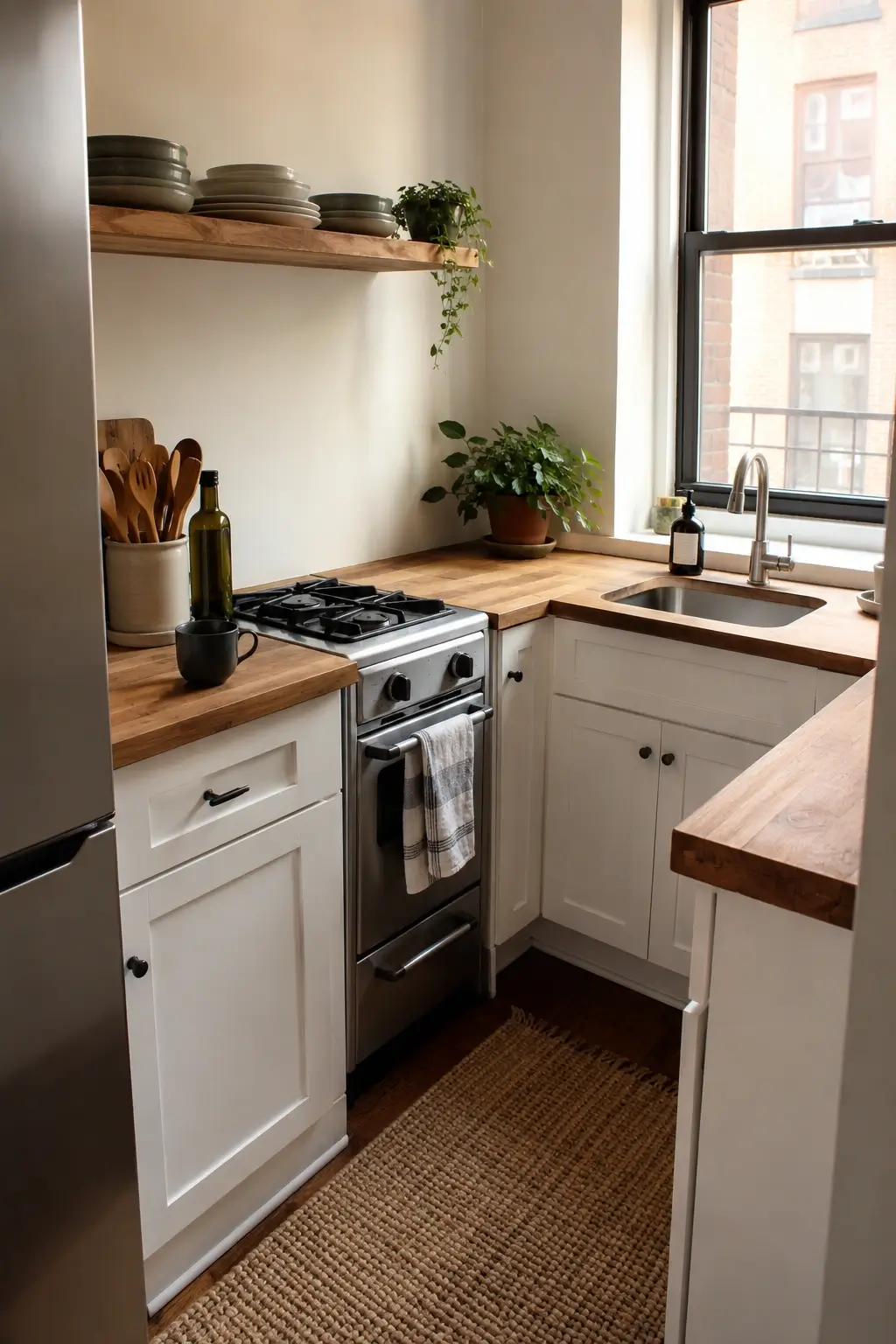 Small galley kitchen with a 24-inch two-burner range, wood counters, white cabinets, and window sink