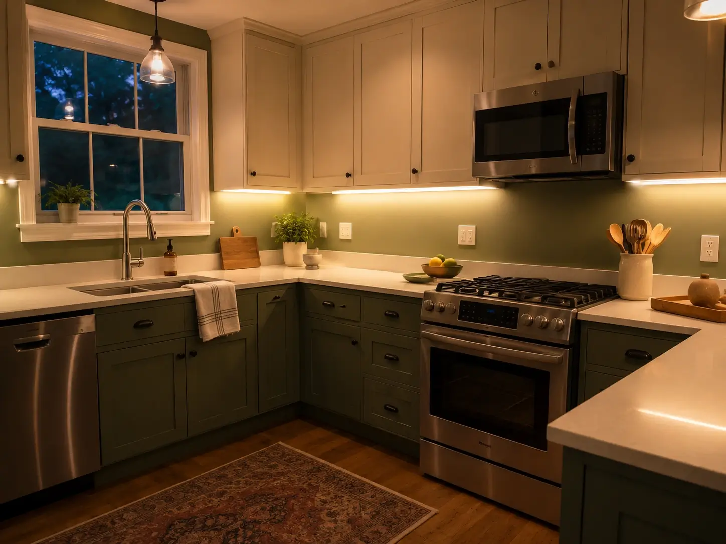 Sage green kitchen with 2700K under-cabinet LED strips warming the countertops and backsplash.