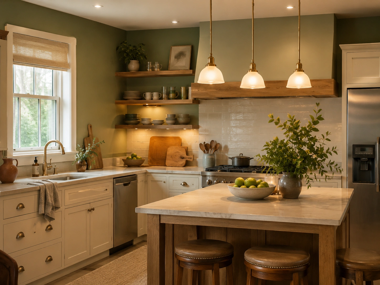 Sage green kitchen with 2700K warm white bulbs, brass pendants, white cabinets, and cozy wood accents.