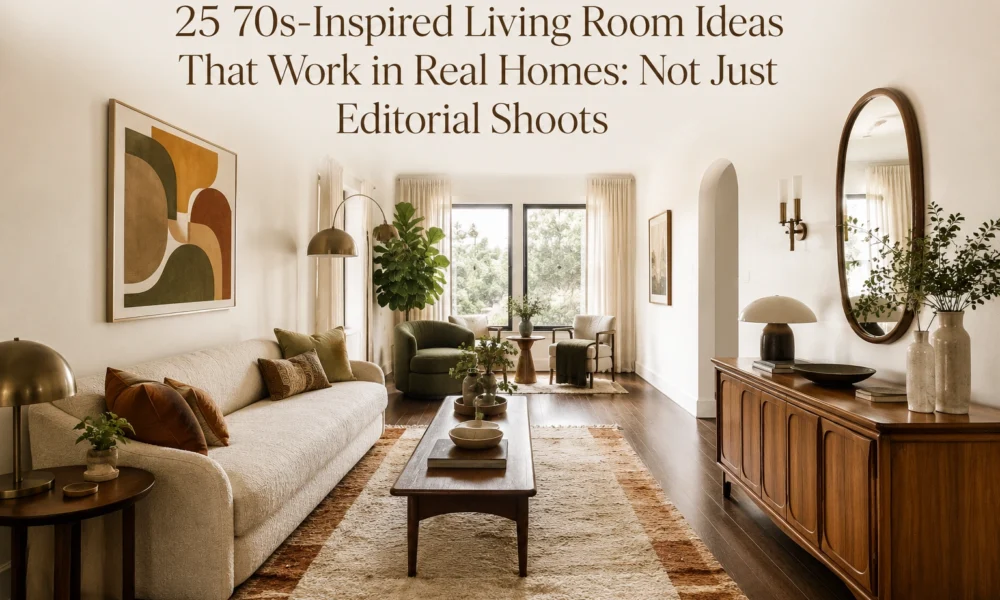 70s-inspired living room with cream sofa, shag rug, wood furniture, plants, and warm vintage accents.