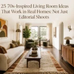 70s-inspired living room with cream sofa, shag rug, wood furniture, plants, and warm vintage accents.
