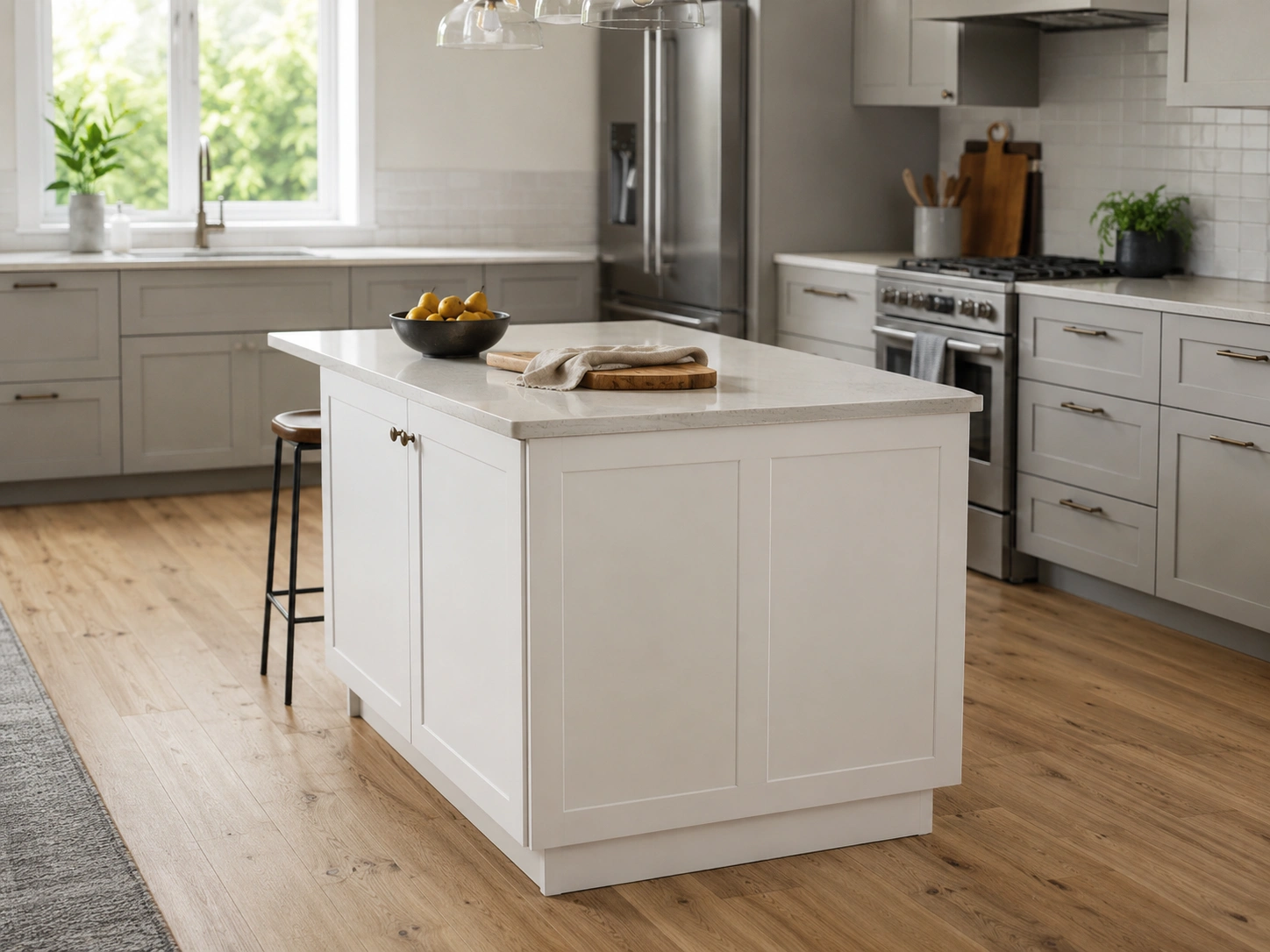 DIY kitchen island made from IKEA SEKTION base cabinets with white panels and a quartz countertop.DIY kitchen island made from IKEA SEKTION base cabinets with white panels and a quartz countertop.
