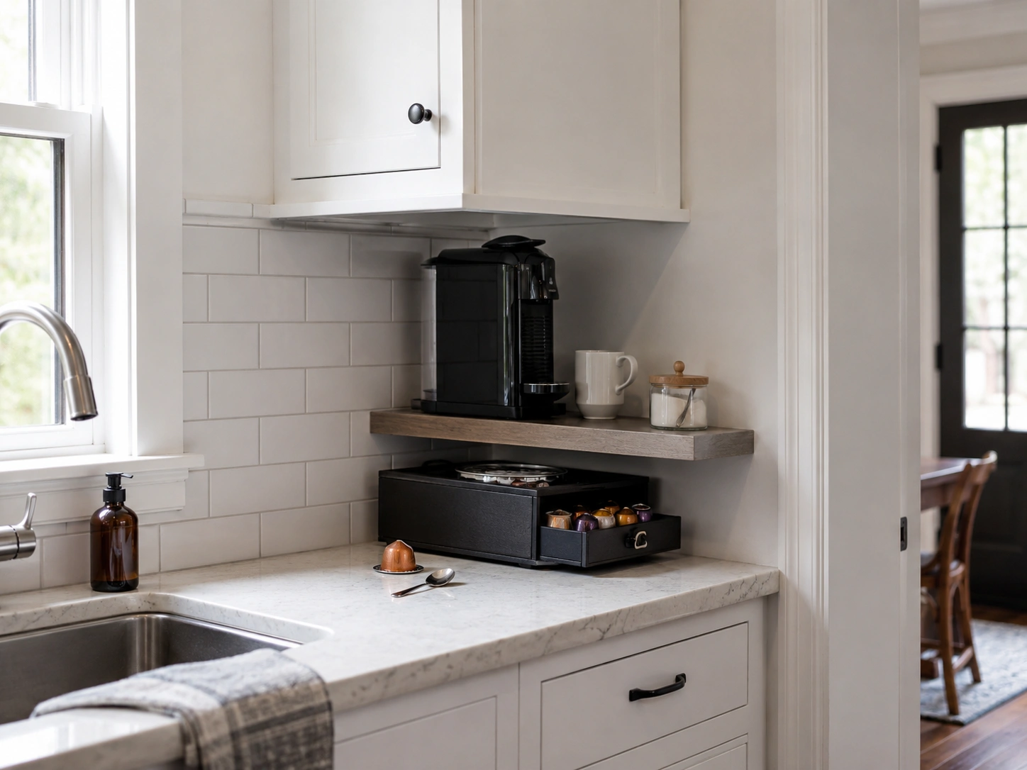 Recessed backsplash niche coffee station with espresso machine, floating wood shelf and ceramic mugs