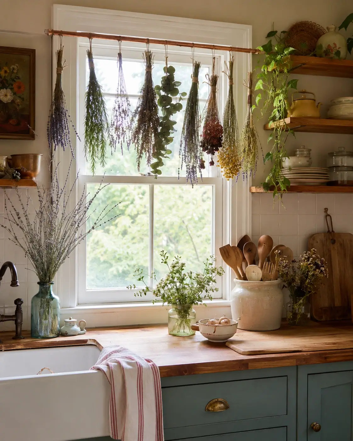 Dried herbs and florals hanging from a kitchen ceiling rod above a farmhouse sink and wooden counter.