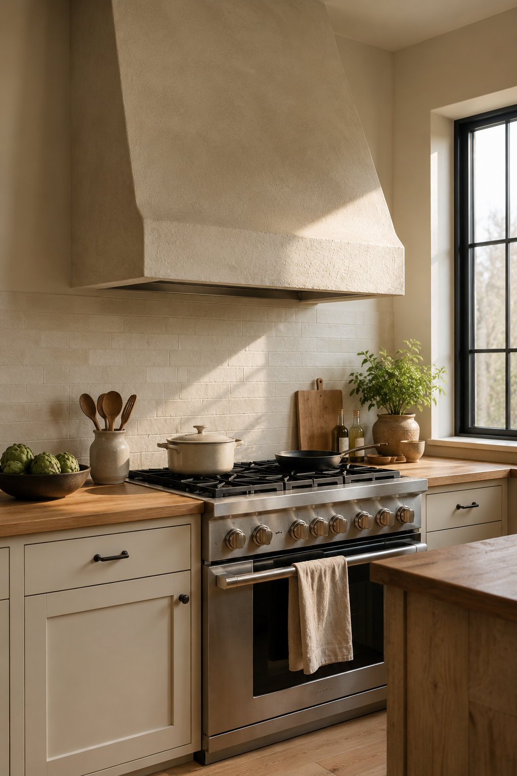 Fine sand plaster hood over a range catching afternoon light in a warm neutral kitchen with wood counters.