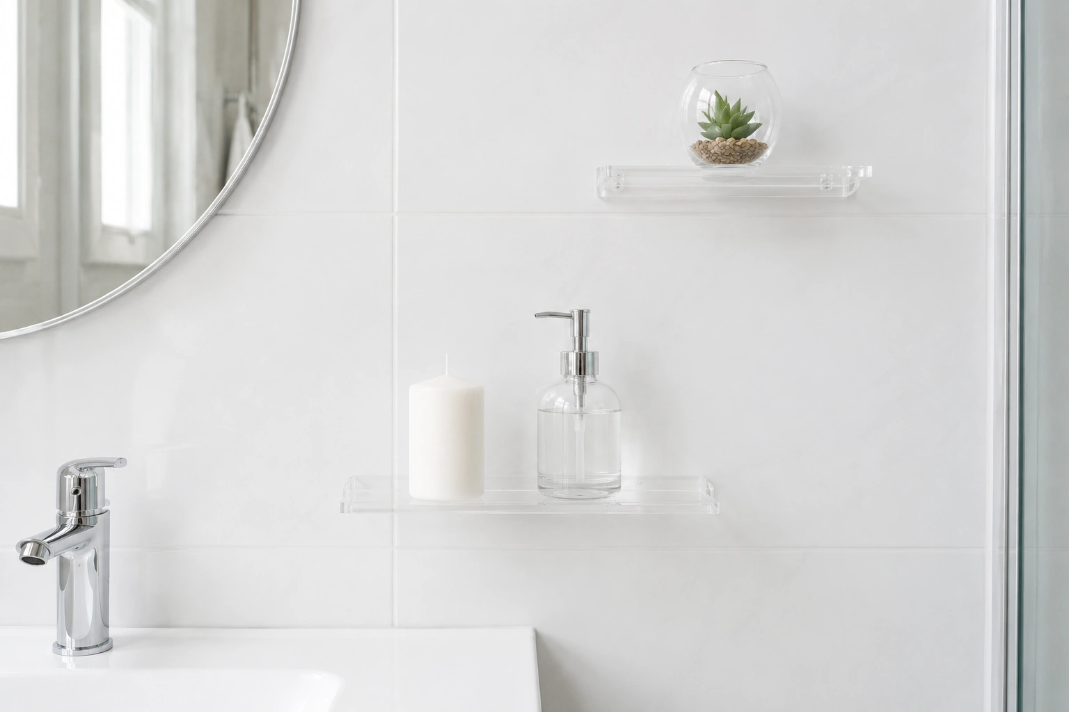Clear acrylic floating bathroom shelves on white tile with candle, soap dispenser, and succulent