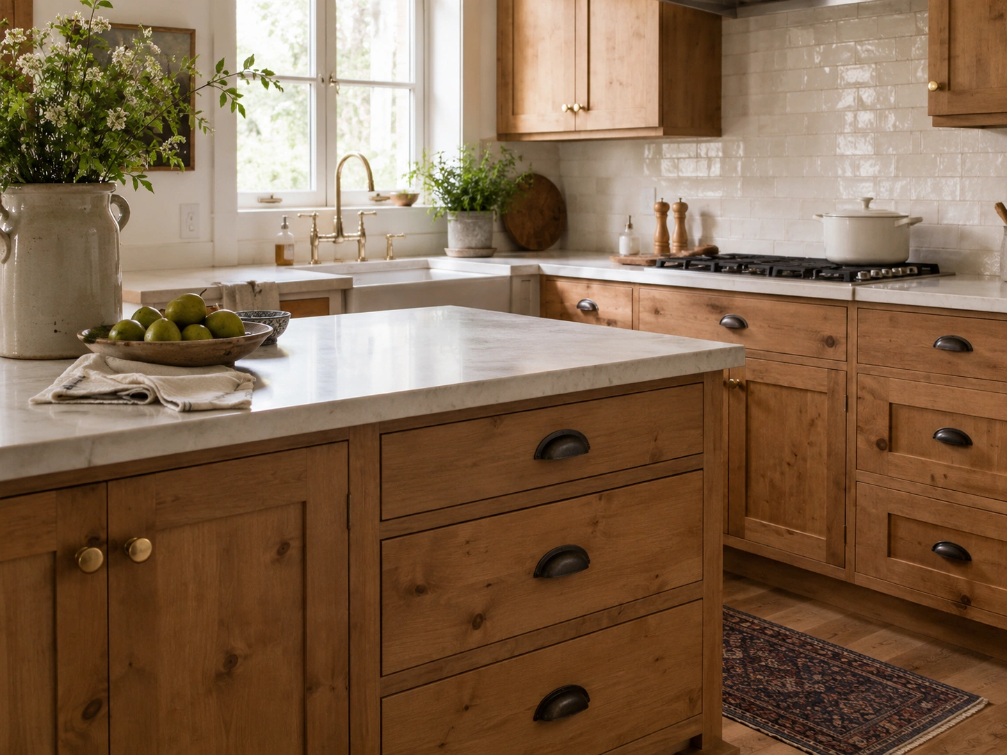 Alder kitchen cabinets with aged bronze pulls and brass knobs in a warm farmhouse kitchen.
