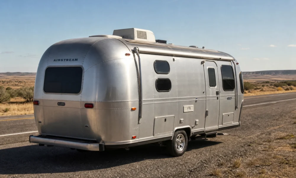 Silver Airstream Bambi travel trailer parked beside a desert highway under a clear blue sky.