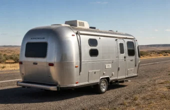 Silver Airstream Bambi travel trailer parked beside a desert highway under a clear blue sky.