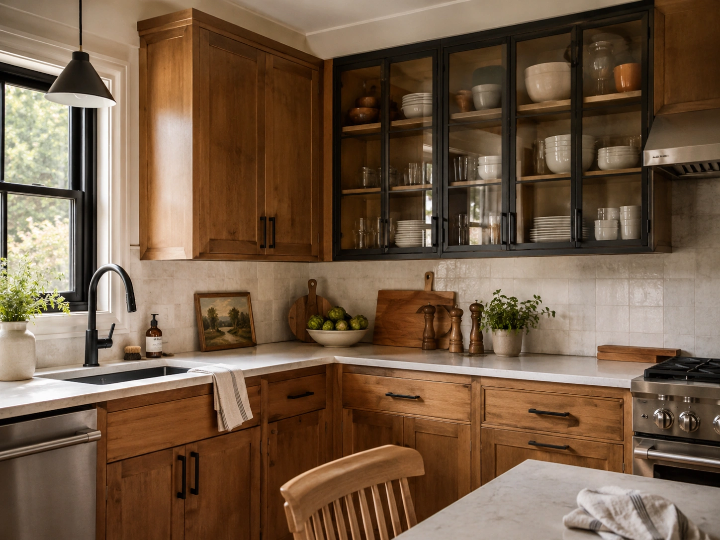 Alder cabinets with black steel-frame glass doors, white counters, and black hardware in a warm kitchen.