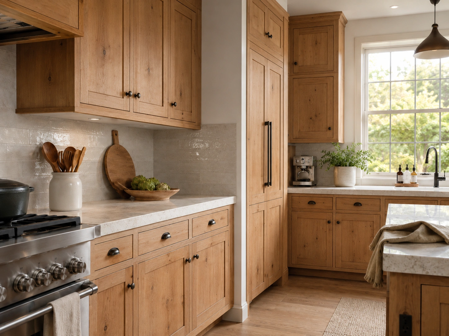 Alder kitchen cabinets with black hardware and a light quartz waterfall island in a warm modern kitchen.