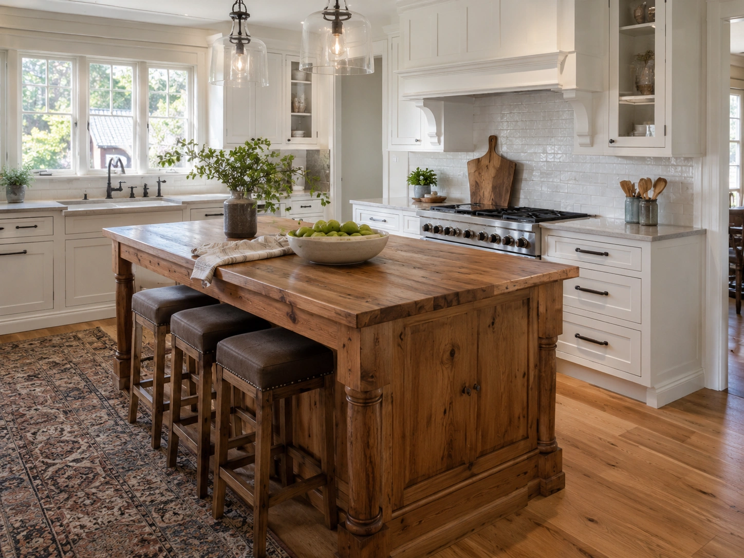 Alder wood kitchen island with white cream cabinets, glass pendants, and warm farmhouse styling.