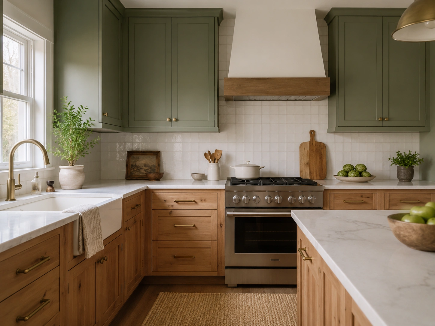 Alder lower cabinets with sage green painted uppers in a warm modern kitchen.