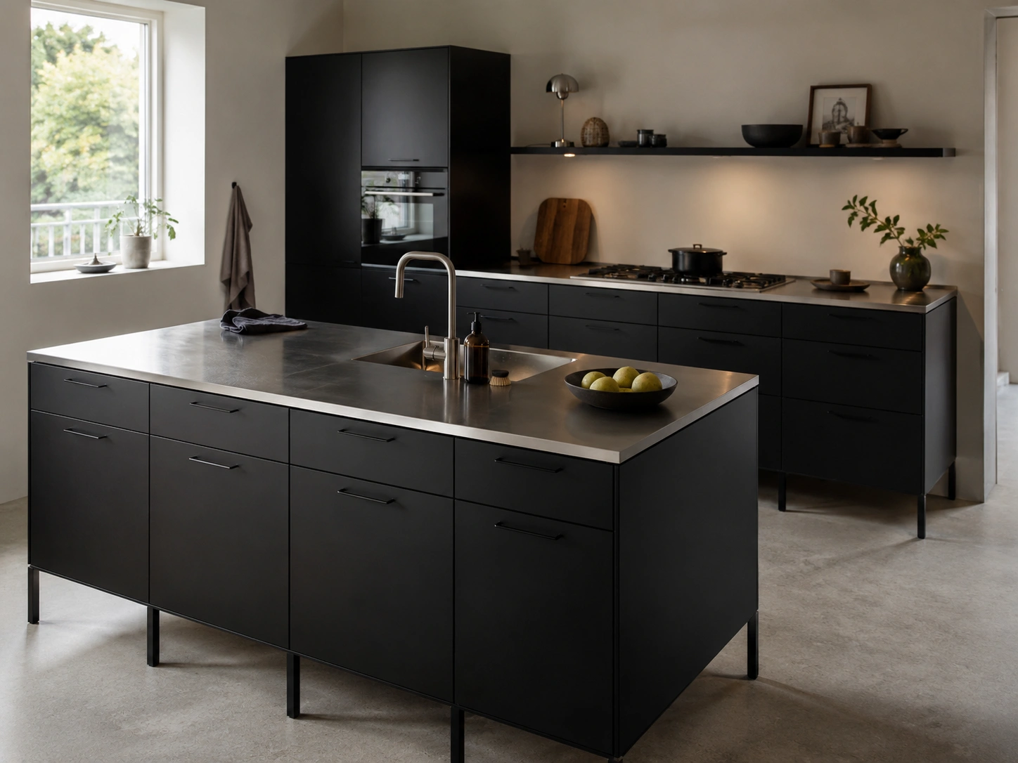 All-black modular steel kitchen with matte cabinets, metal island, and stainless steel countertops