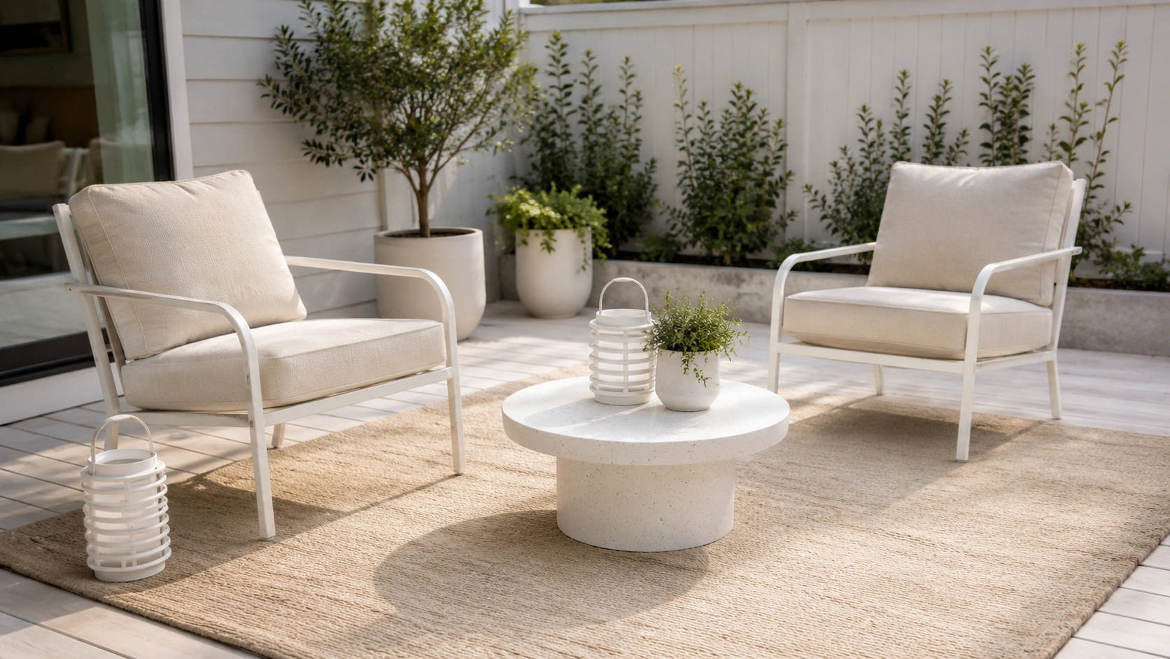 All-white and cream patio with cushioned chairs, round table, jute rug, lanterns, and potted plants.