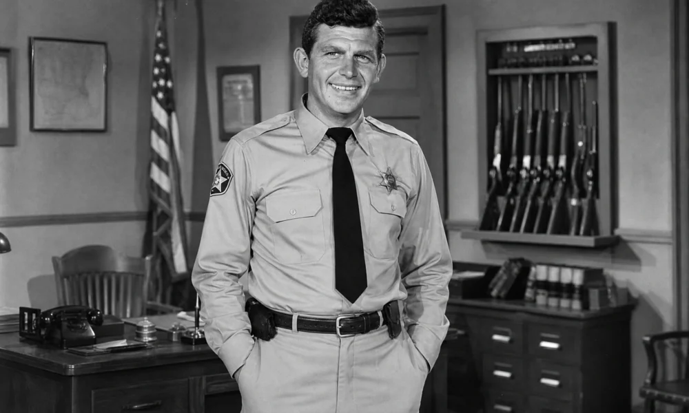 Andy Griffith in a black-and-white sheriff office scene with desk, flag, and rifle rack