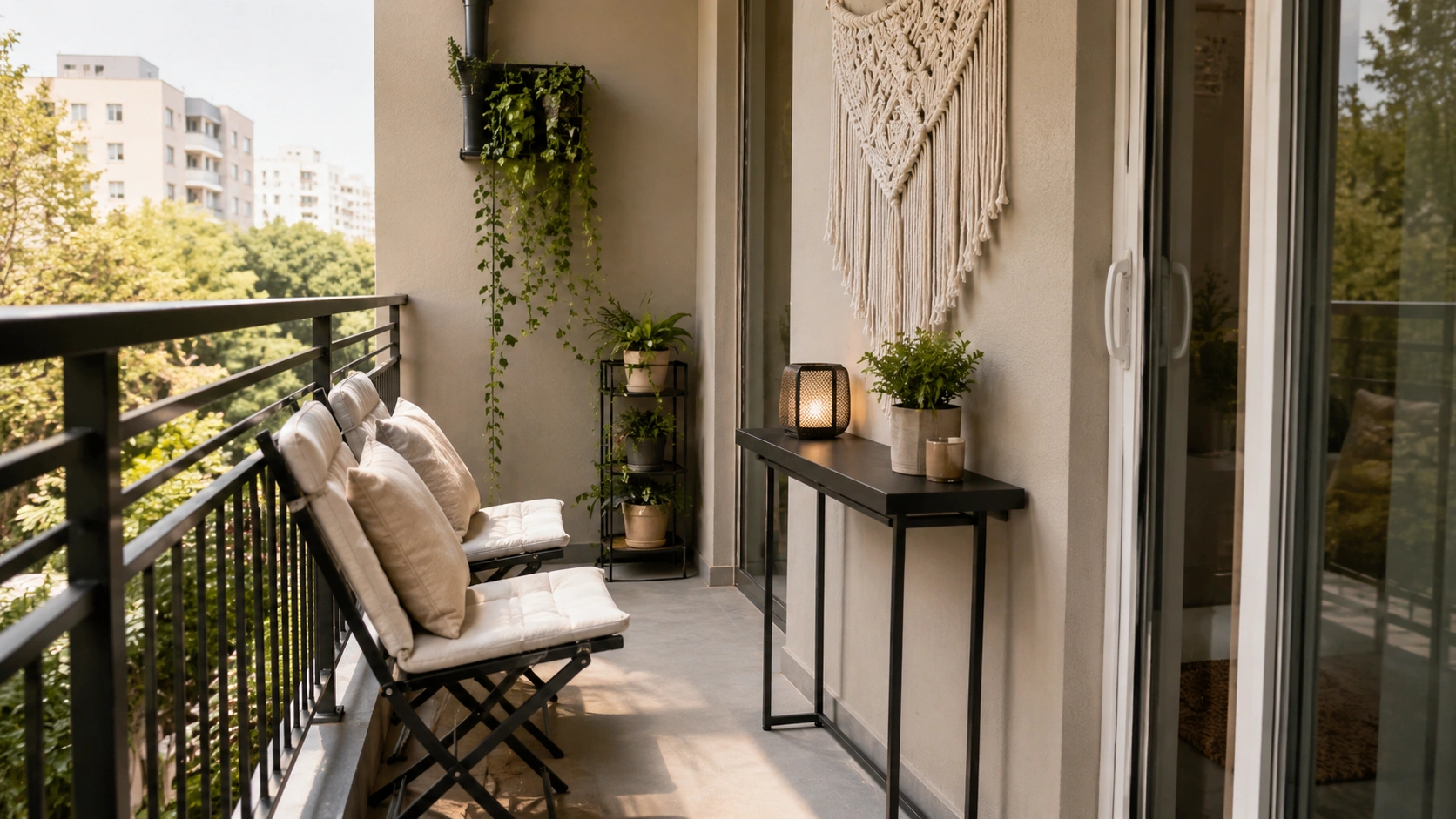 Apartment balcony mini living room with folding chairs, macrame wall hanging, console table, and vertical plants.