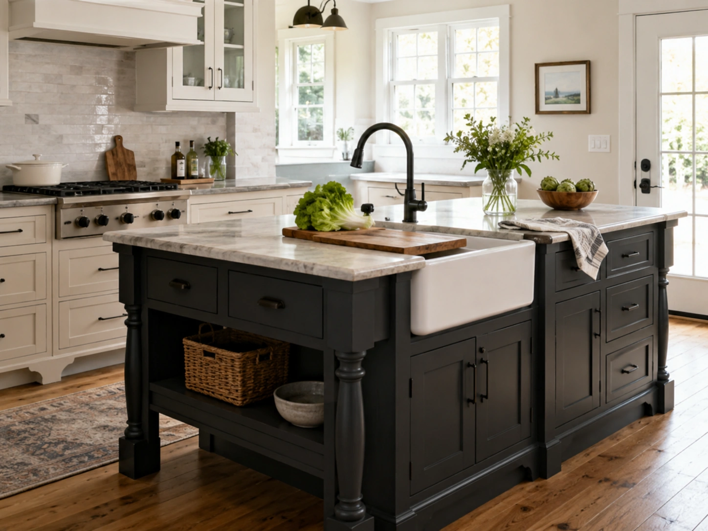 Black kitchen island with an apron-front farmhouse prep sink, marble countertop, and classic white cabinets.