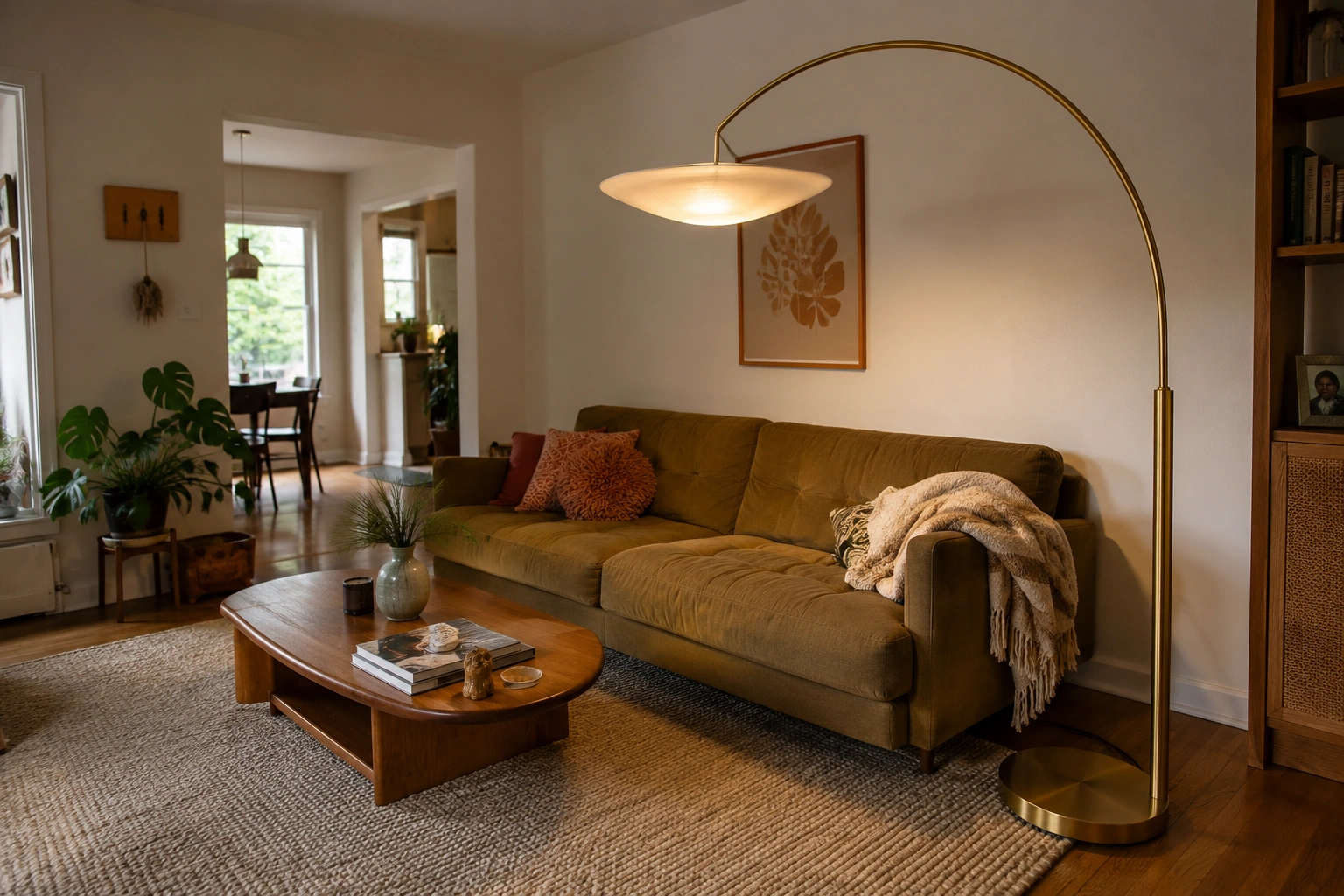 Brass arc floor lamp with saucer shade over an olive sofa in a cozy living room.