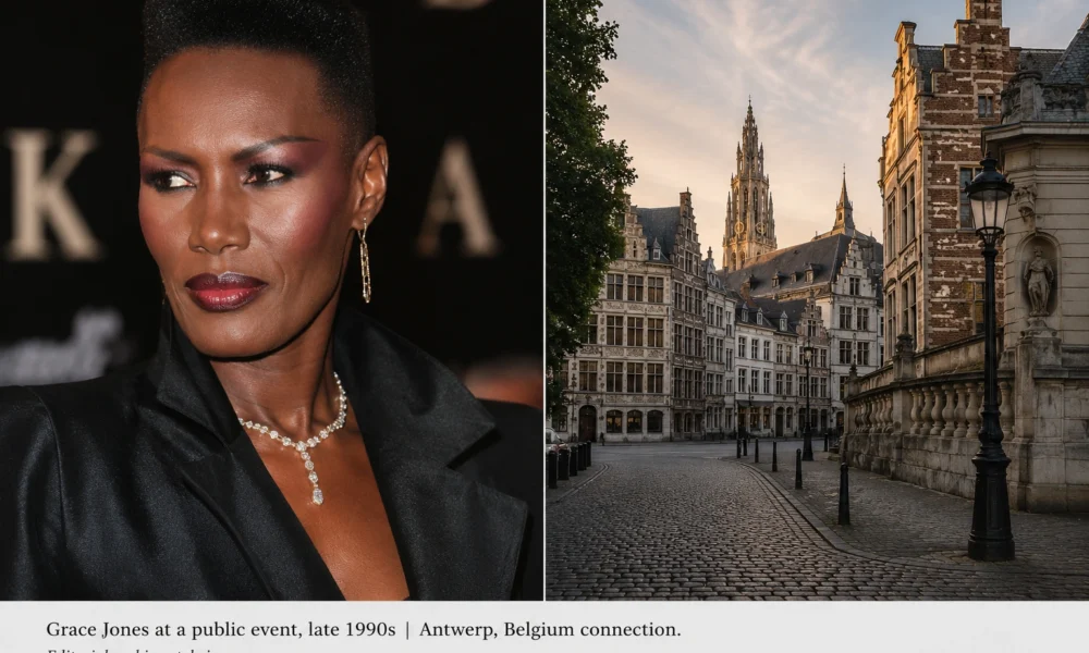 Grace Jones at a late 1990s public event beside an Antwerp, Belgium streetscape connected to Atila Altaunbay’s life story.