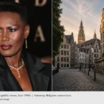 Grace Jones at a late 1990s public event beside an Antwerp, Belgium streetscape connected to Atila Altaunbay’s life story.