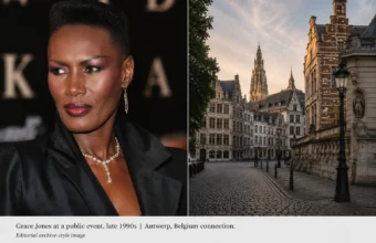 Grace Jones at a late 1990s public event beside an Antwerp, Belgium streetscape connected to Atila Altaunbay’s life story.
