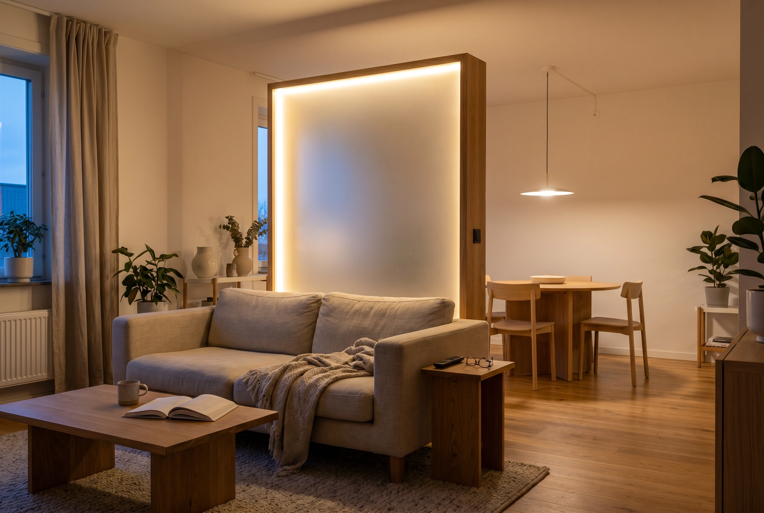 Backlit frosted acrylic panel dividing a warm modern living and dining room.