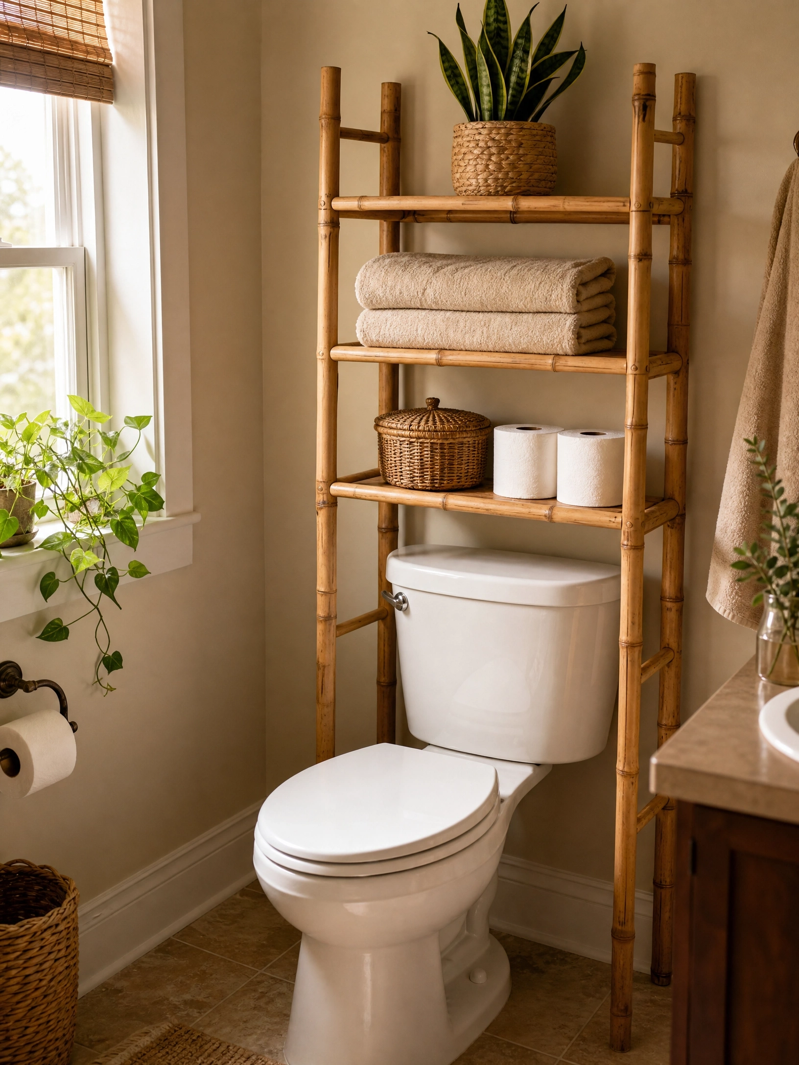 Bamboo over-toilet shelf with towels, plant, wicker basket and toilet paper in a warm bathroom