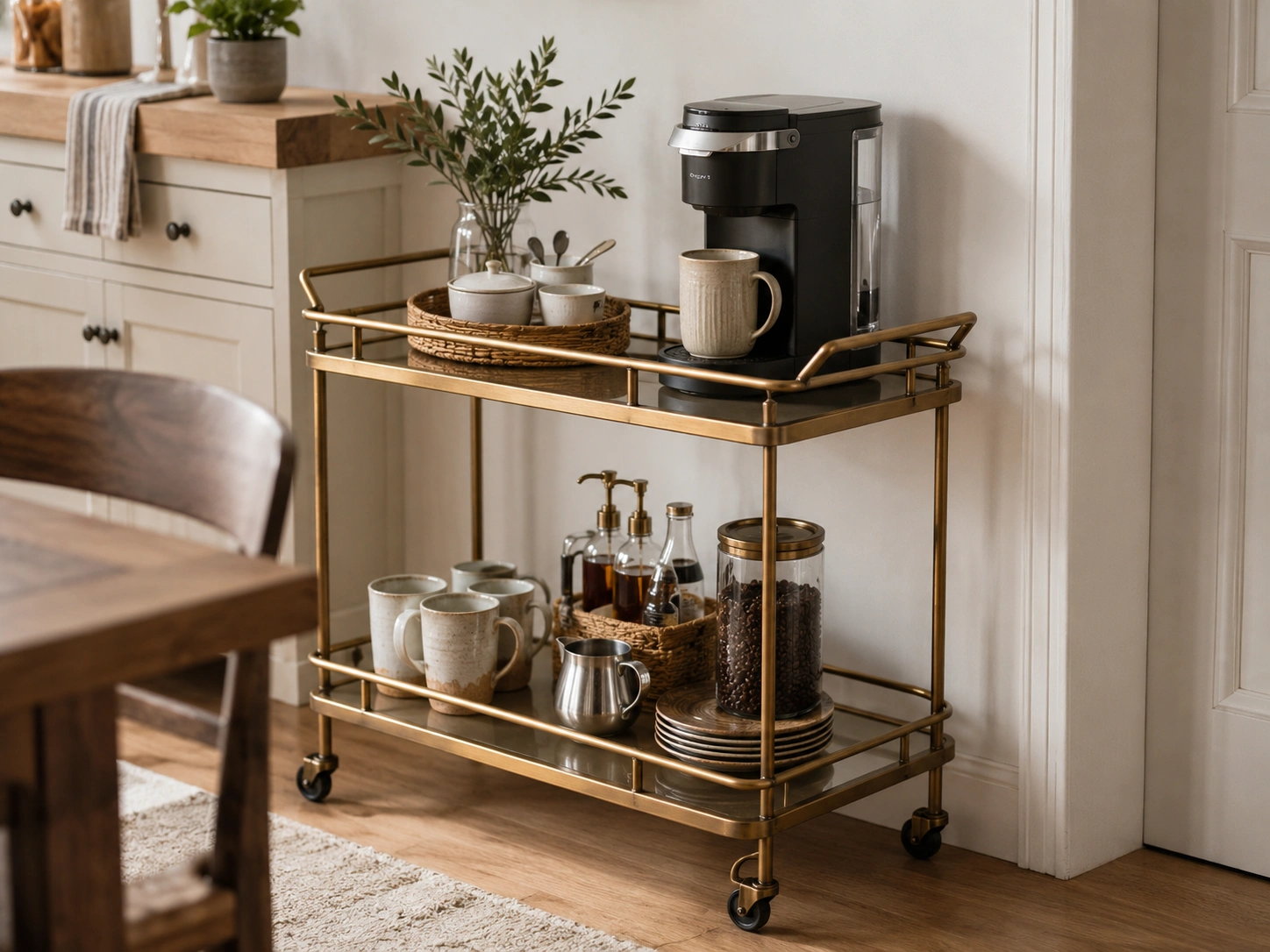 Bar cart coffee station with black coffee maker, mugs, syrup bottles, coffee beans, and brass rolling cart.
