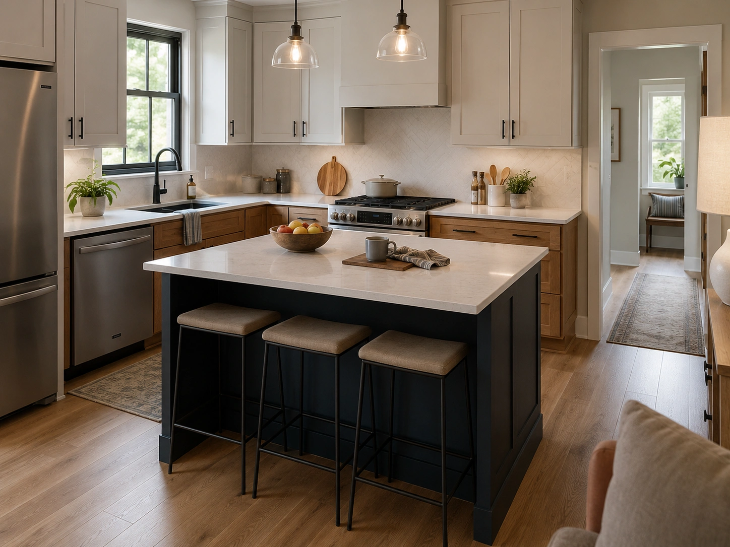 Kitchen island with bar overhang and three counter-height stools on one side.