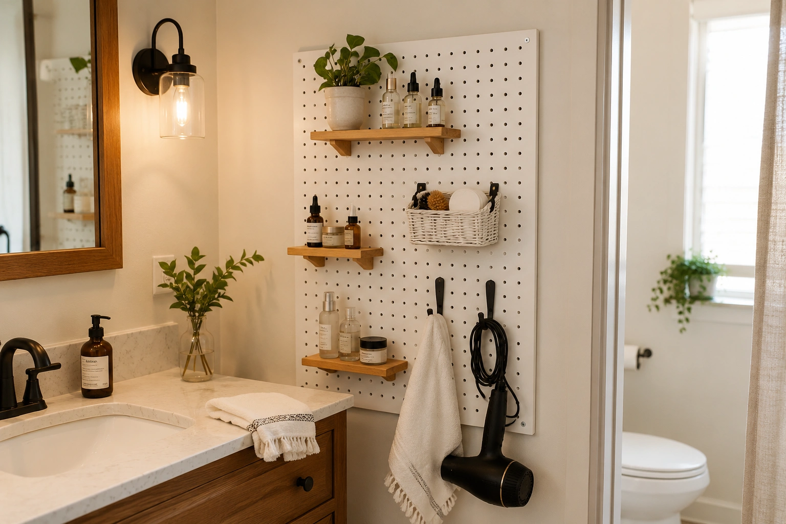 Bathroom pegboard wall panel with custom shelf clips, skincare bottles, basket, towel, and hair dryer.