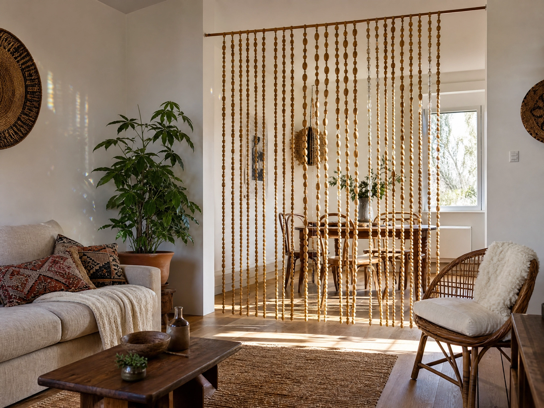 Wooden beaded curtain divider separating a retro boho living room from a dining nook.