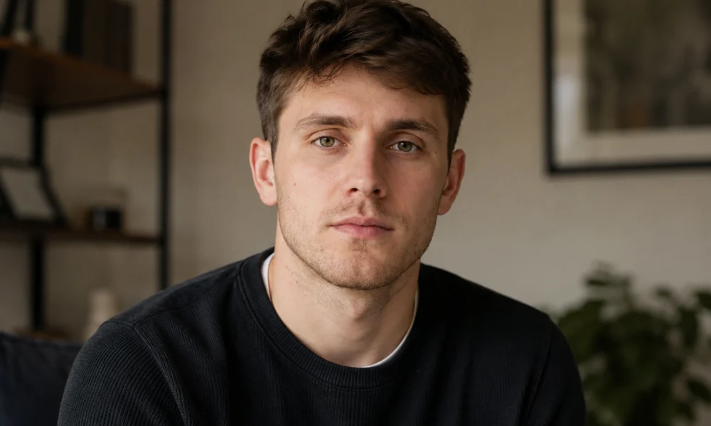 Benjamin Gage Norman portrait-style image of a young man in a dark sweater indoors