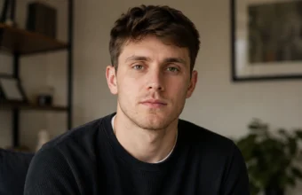 Benjamin Gage Norman portrait-style image of a young man in a dark sweater indoors
