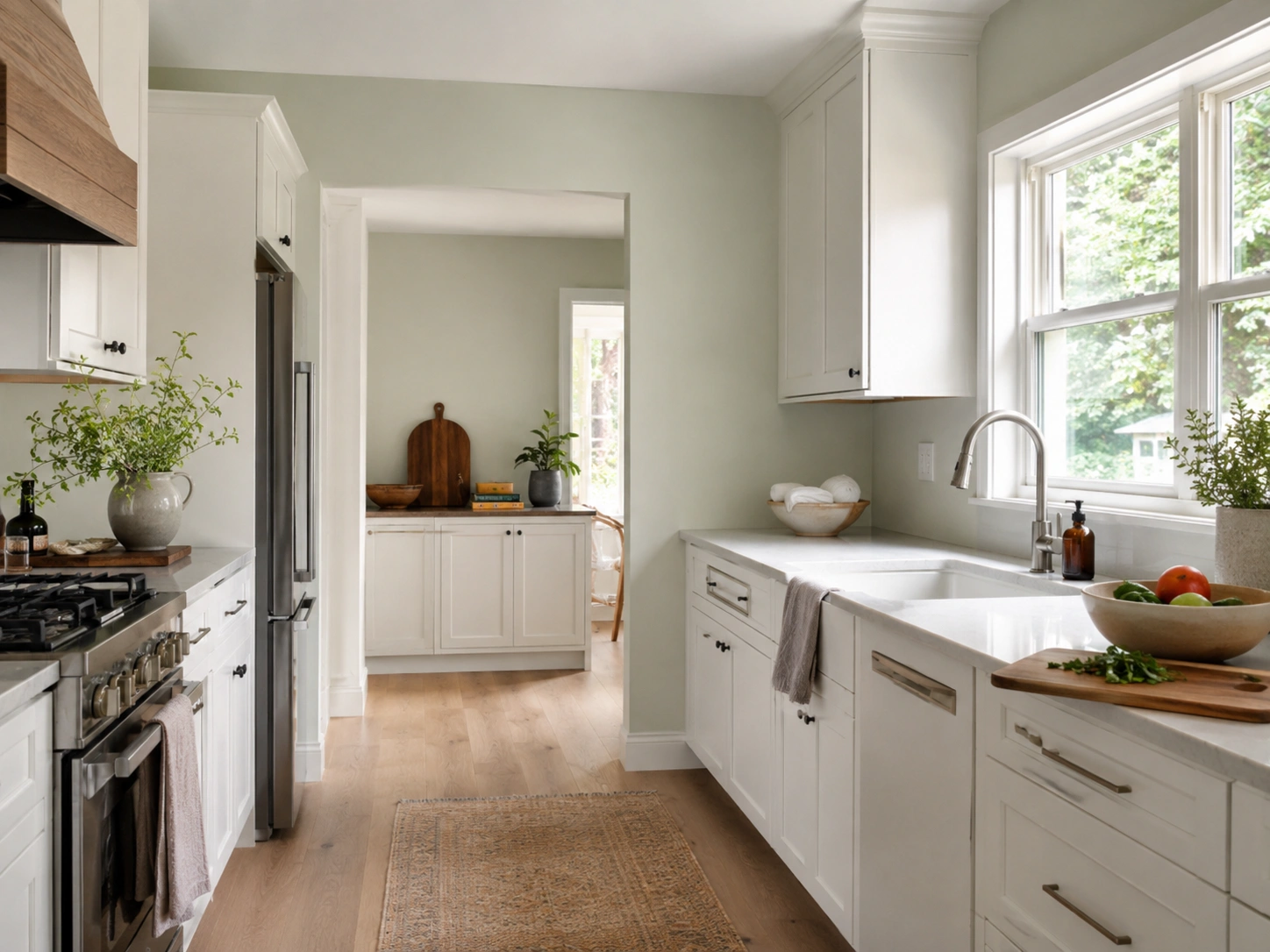 Bright white kitchen with Benjamin Moore October Mist sage walls, warm wood accents, and natural daylight.