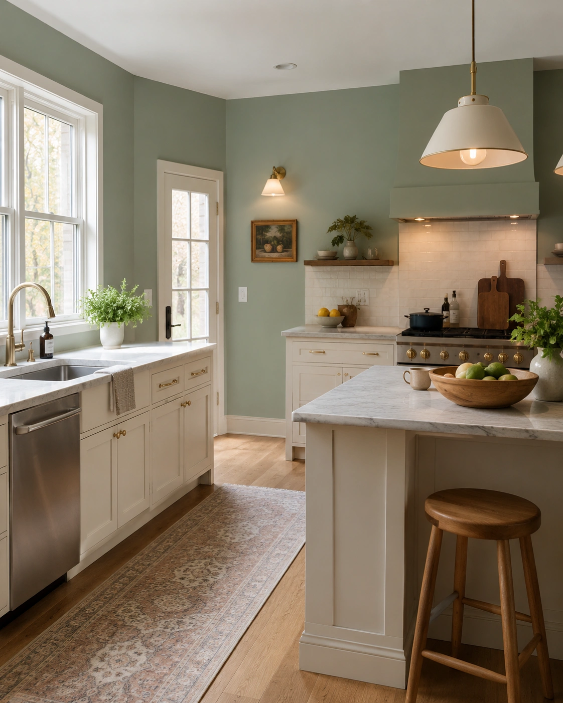 Benjamin Moore Saybrook Sage kitchen walls with cream cabinets, brass hardware, marble counters, and wood accents.