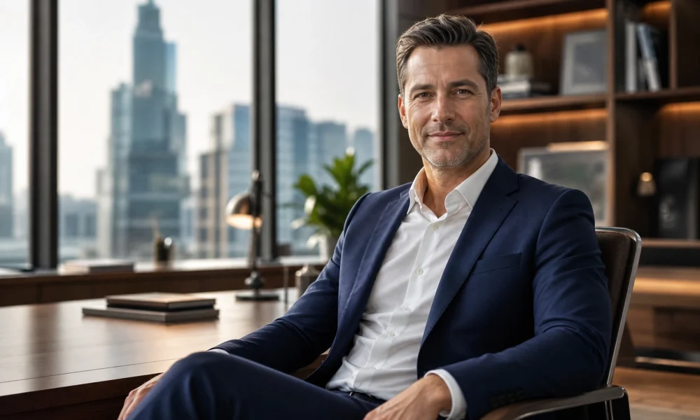 Ben Pogue editorial-style portrait in a navy suit inside a modern city office