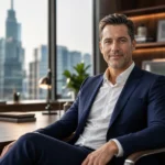 Ben Pogue editorial-style portrait in a navy suit inside a modern city office