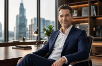 Ben Pogue editorial-style portrait in a navy suit inside a modern city office