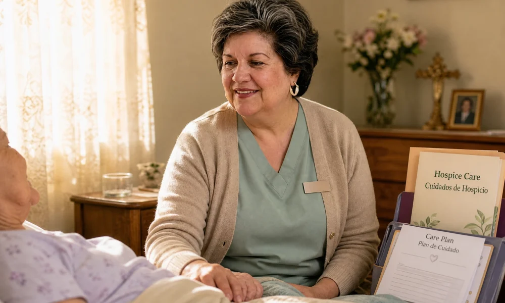 Hospice nurse at a patient’s bedside in a Laredo home with bilingual care materials nearby.