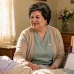 Hospice nurse at a patient’s bedside in a Laredo home with bilingual care materials nearby.