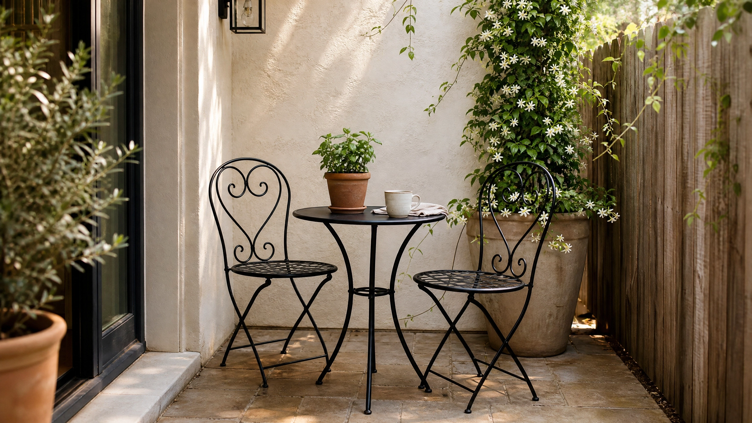 Black bistro table and chairs in a small patio corner with climbing vines, potted flowers, and warm sunlight.